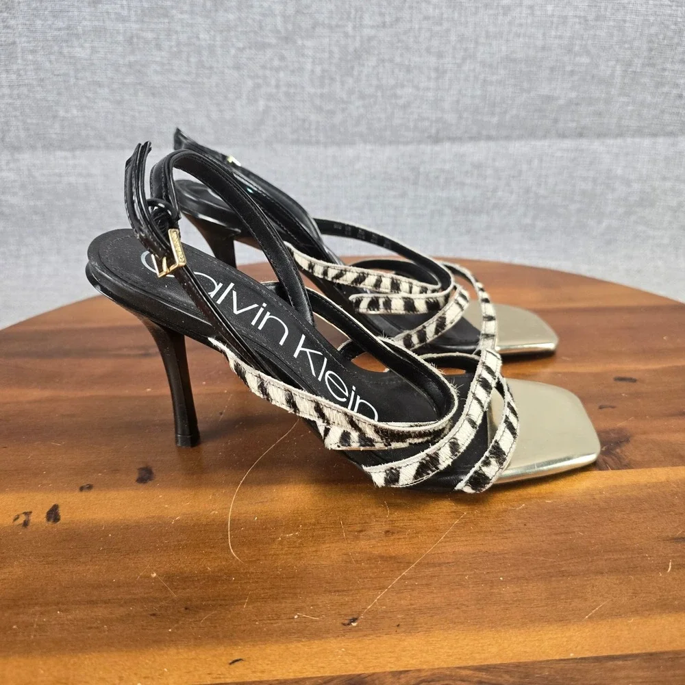 Calvin Klein Zebra Print Strappy Sandals Gold Square Toe Stiletto Heels 34E00014